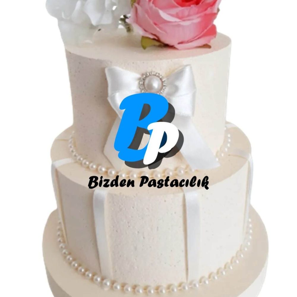 2 Katlı Düğün Nişan Maket Pasta Beyaz Pembe Çiçekli