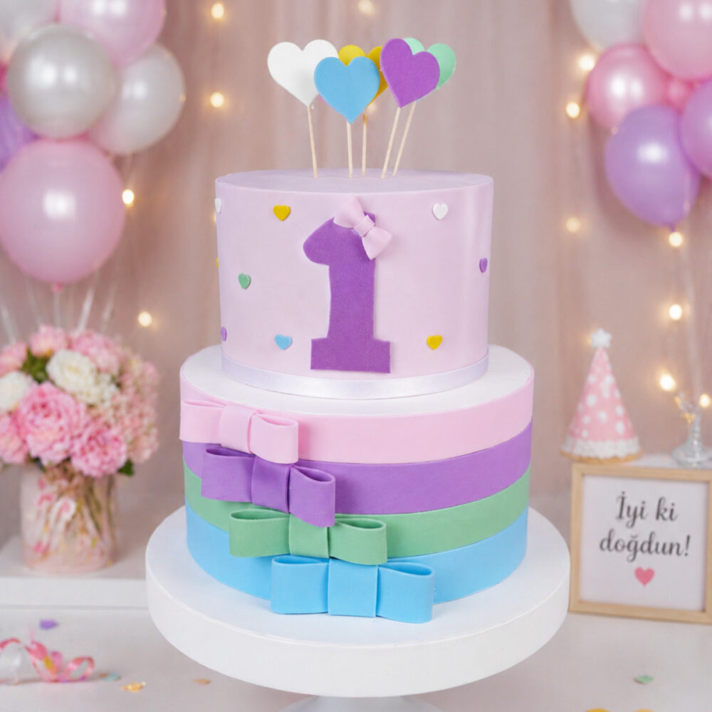 1 Yaş Kız Doğum Günü Maket Pasta 35 cm Pastel Renk Dekoratif Organizasyon ve Fotoğraf Çekim Pastası
